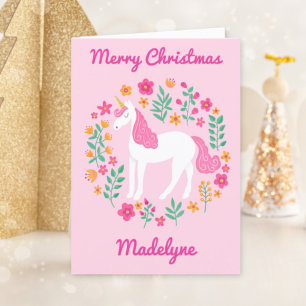 Unicorn Floral Cute Pink Merry Christmas Feiertagskarte