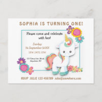 Unicorn Floral Erster Geburtstag Einladung Weiß