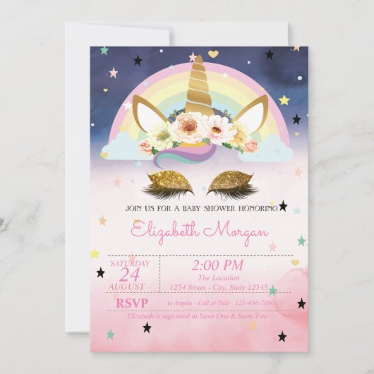 Unicorn Floral Rainbow Ombre Baby Shower Einladung (Vorderseite)