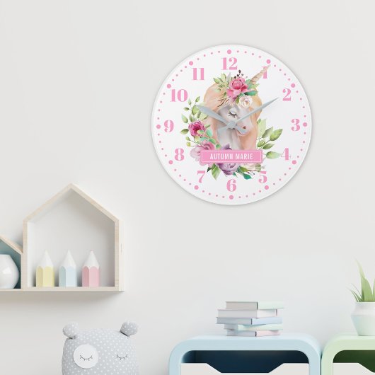 Unicorn florale Kids Wall Clock Große Wanduhr
