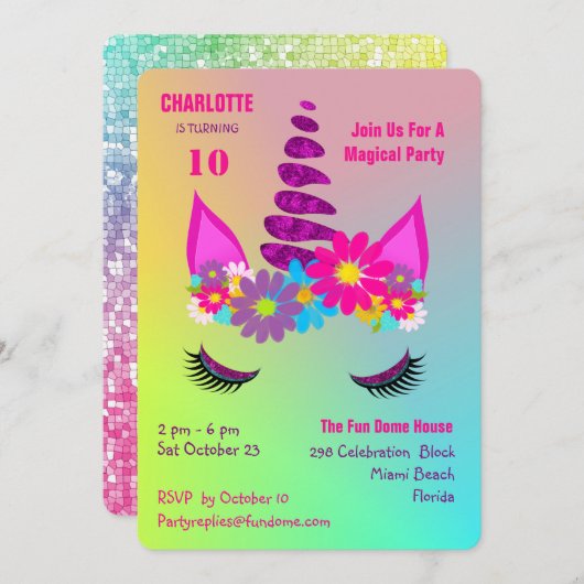 Unicorn Flower y Super Niedlich Girly Birthday Ein Einladung (Vorne/Hinten)