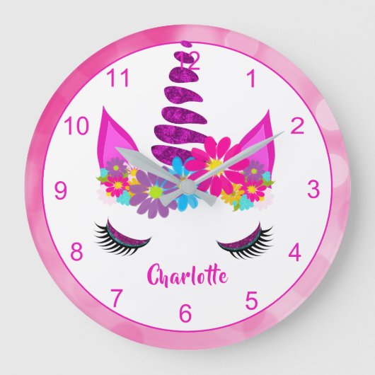 Unicorn Flower y Super Niedlich Girly Personalisie Große Wanduhr (Vorderseite)