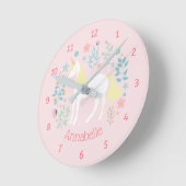 Unicorn & Flowers Pink Personalized Name Runde Wanduhr (Winkel)