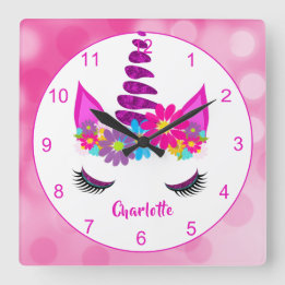 Unicorn Flowery Super Cute Girly Personalized Quadratische Wanduhr
