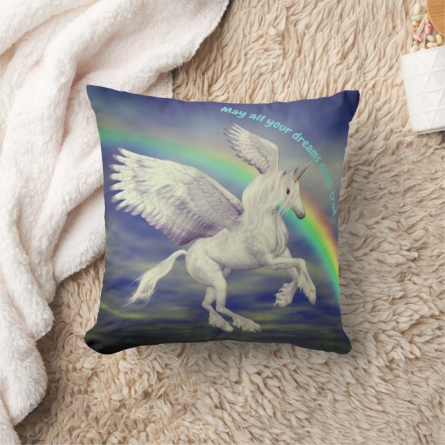 Unicorn Flying Over Rainbow Dreams Inspirational Kissen (Decke)
