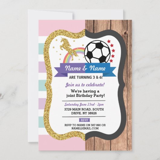 Unicorn & Football Joint Birthday Girl Boy Sports Einladung (Vorderseite)