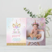 Unicorn-Foto danken Ihnen, rosa GoldUnicorn zu Dankeskarte (Stehend Vorderseite)