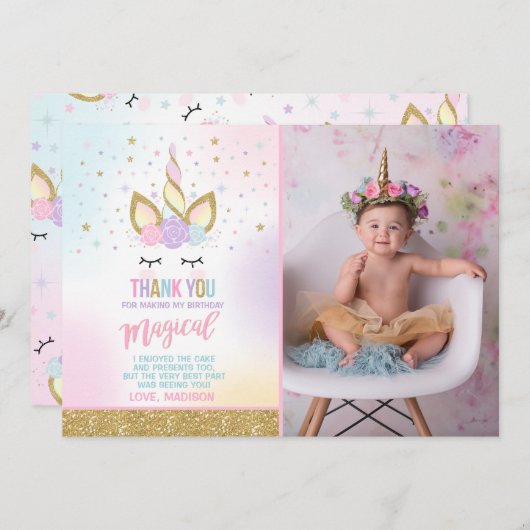 Unicorn-Foto danken Ihnen, rosa GoldUnicorn zu Dankeskarte (Vorne/Hinten)