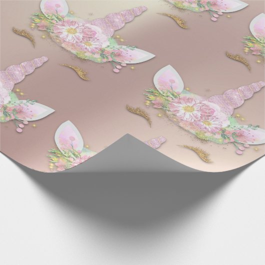 Unicorn Funkelnd Glitzer Pink Gold Blütenfrüchte Geschenkpapier (Ecke)