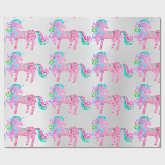 Unicorn Funkelnd Glitzer Rosa Fairly Silver Metal Geschenkpapier (Flach)