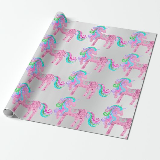 Unicorn Funkelnd Glitzer Rosa Fairly Silver Metal Geschenkpapier (Ungerollt)
