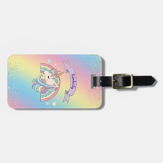 Unicorn & Funkelnd Rainbow Gold Glitzer Individuel Gepäckanhänger (Vorderseite horizontal)