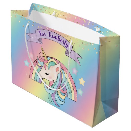 Unicorn & Funkelnd Rainbow Gold Glitzer Individuel Große Geschenktüte (Rückseite Schrägansicht)