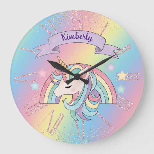 Unicorn & Funkelnd Rainbow Gold Glitzer Individuel Große Wanduhr (Vorderseite)