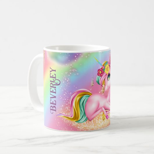 Unicorn funkelnde Girls rosa NAMEN Kaffeetasse (Vorderseite Links)