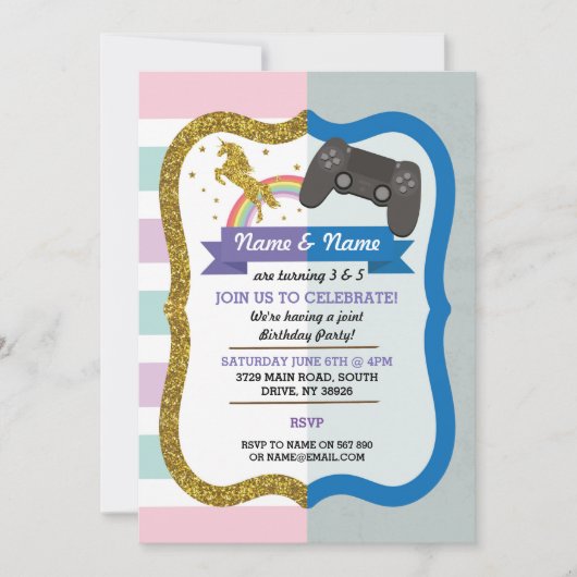 Unicorn & Gaming Joint Boy Girl Birthday Einladung (Vorderseite)