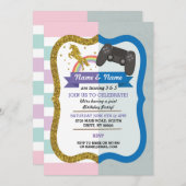 Unicorn & Gaming Joint Boy Girl Birthday Einladung (Vorne/Hinten)