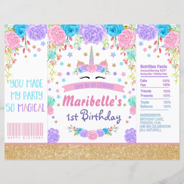 Unicorn Geburtstag Chip Beutel Gastgeschenk (Vorderseite)