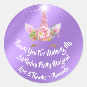 Unicorn Geburtstag Gefallen Pink Spark Gold Blumen Runder Aufkleber