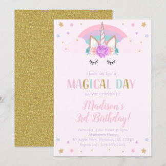 Unicorn-Geburtstags-Party-Regenbogen-Blumen Einladung