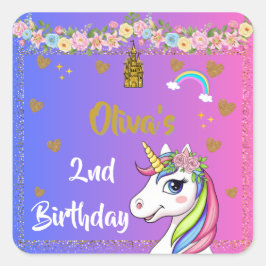 Unicorn Geburtstagskleber | Rainbow Unicorn-Party Quadratischer Aufkleber