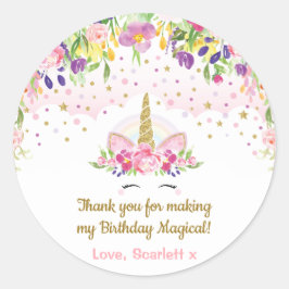 Unicorn Geburtstagsparty Favoriten Rosa Gold Flora Runder Aufkleber