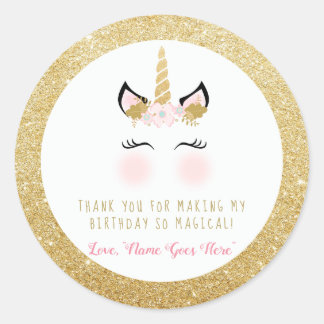 Unicorn Gefallen Sticker- Glitzer Gold und Rosa Runder Aufkleber