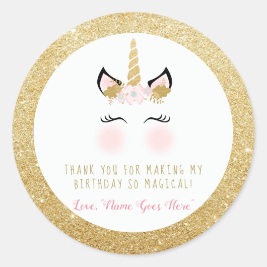 Unicorn Gefallen Sticker- Glitzer Gold und Rosa Runder Aufkleber (Vorderseite)