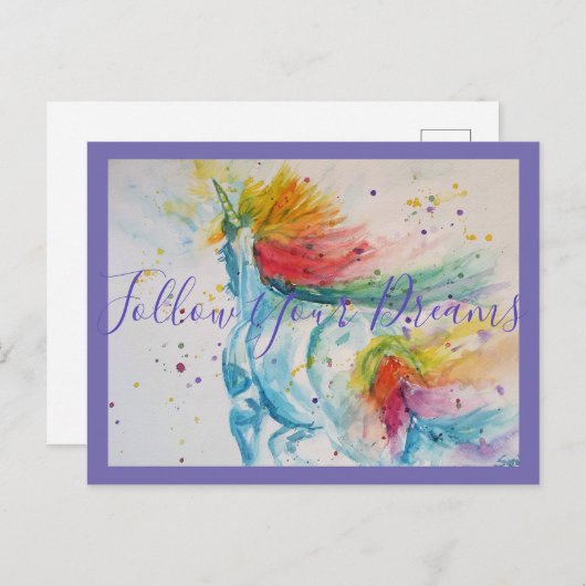 Unicorn Gemälde Befolgen Sie Ihre Träume Wasserfar Postkarte (Vorne/Hinten)