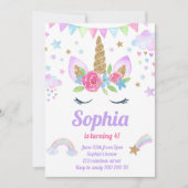 Unicorn Gesicht Floral Regenbogen Gold Glitzer Pin Einladung (Vorderseite)