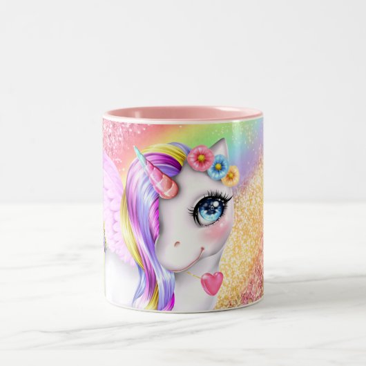 Unicorn Gesicht Regenbogenfarben DIY Mädchen Namen Zweifarbige Tasse (Mittel)
