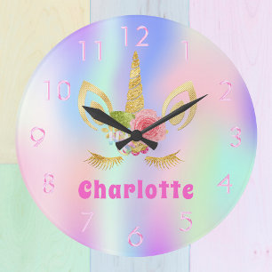 Unicorn Gesicht rosa lila Holografin Große Wanduhr