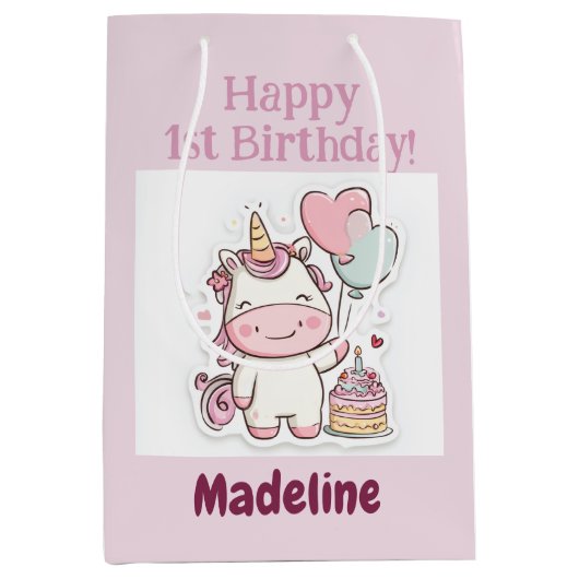 Unicorn Gift Wrap, 1st Birthday Girl, Personalized Mittlere Geschenktüte (Vorderseite)