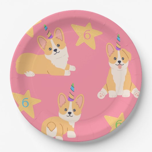 Unicorn Girl Birthday, Corgi Custom Age Pappteller (Vorderseite)