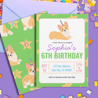 Unicorn Girl Birthday, Corgi Party Einladung