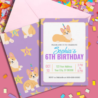 Unicorn Girl Birthday, Corgi Party Einladung