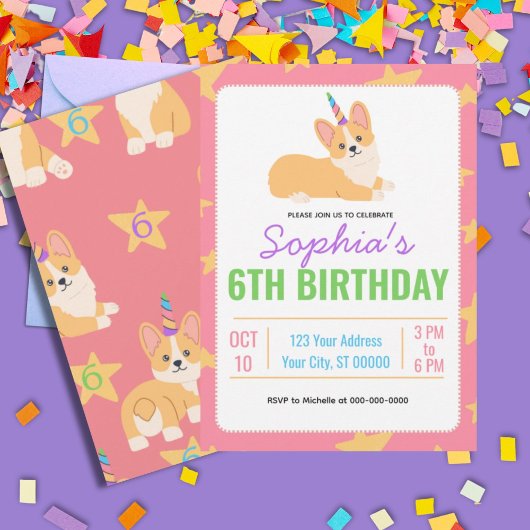Unicorn Girl Birthday, Corgi Party Einladung