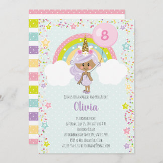 Unicorn Girl Birthday laden jede alte dunkle Haut Einladung