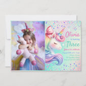 Unicorn Girl Magical Pastel Rainbow Birthday Foto Einladung (Vorderseite)