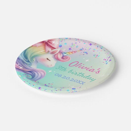 Unicorn Girl Magical Pastel Rainbow Birthday Pappteller (Schrägansicht)