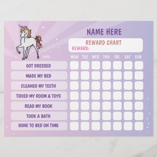 Unicorn Girl Reward Chart Personalisiert Planner Flyer (Vorne)