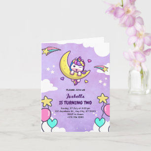 Unicorn Girl Zwei Lila Geburtstagseinladung geklap Karte