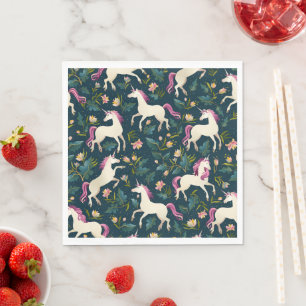 Unicorn Girls Cartoon Blumenhintergrundmuster Serviette