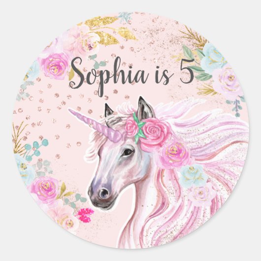 Unicorn Girly Pink Floral Gold Glitzer Name Age Runder Aufkleber (Vorderseite)