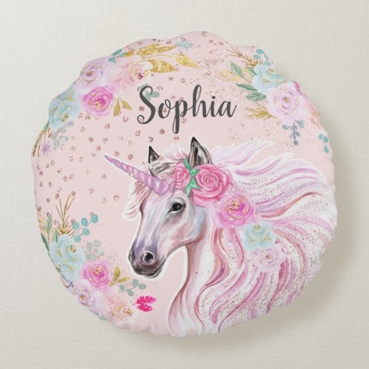 Unicorn Girly Pink Floral Gold Glitzer Name Age Rundes Kissen (Rückseite)