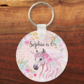 Unicorn Girly Pink Floral Gold Glitzer Name Age Schlüsselanhänger (Vorderseite)