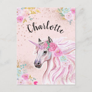 Unicorn Glam Pink Aquamarin Floral Gold Glitzer Na Postkarte