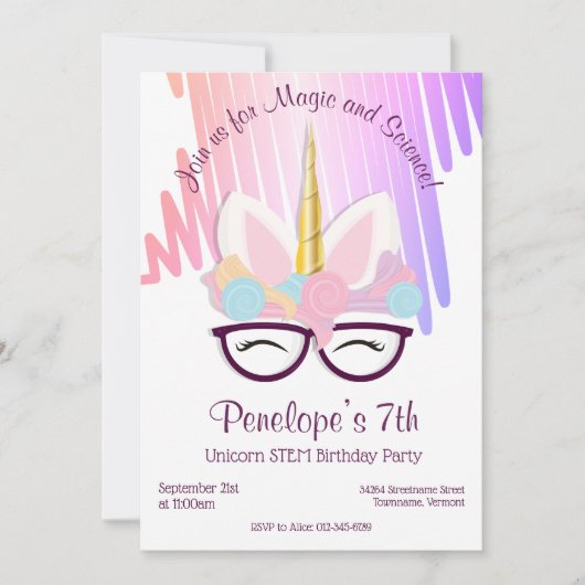 Unicorn Glasses Magical STEM Einladung zum Geburts (Vorderseite)