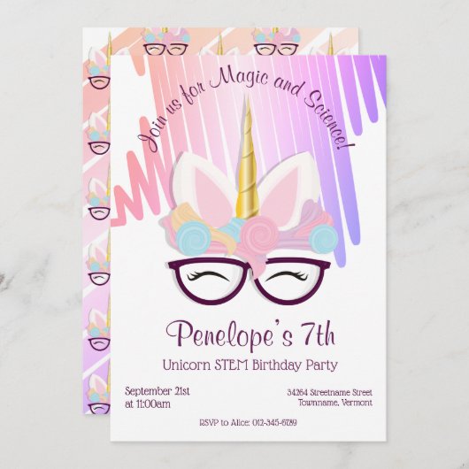 Unicorn Glasses Magical STEM Einladung zum Geburts (Vorne/Hinten)