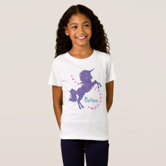 Unicorn glauben, Lila rosa Imitate Glitzer-Effekt T-Shirt (Vorne ganz)